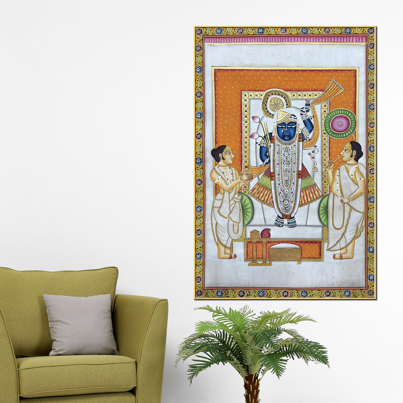 Nathdwara Pichwai Shrinath Ji Krishna Temple Scene Canvas Wall Painting