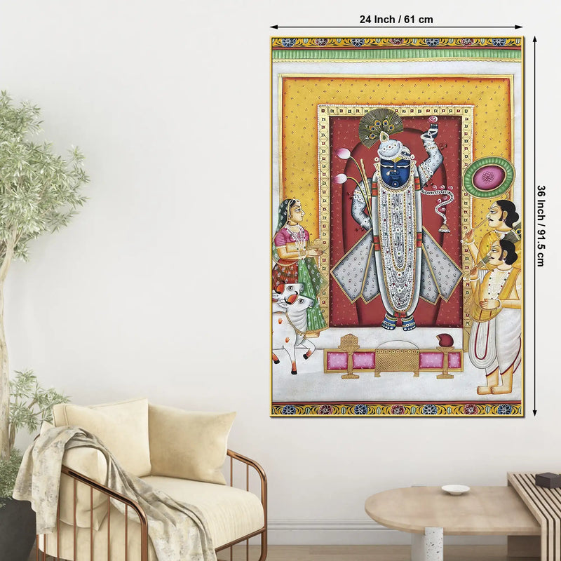 Nathdwara Shrinath Ji Krishna with Devotees and Cow Pichwai Canvas Wall Painting