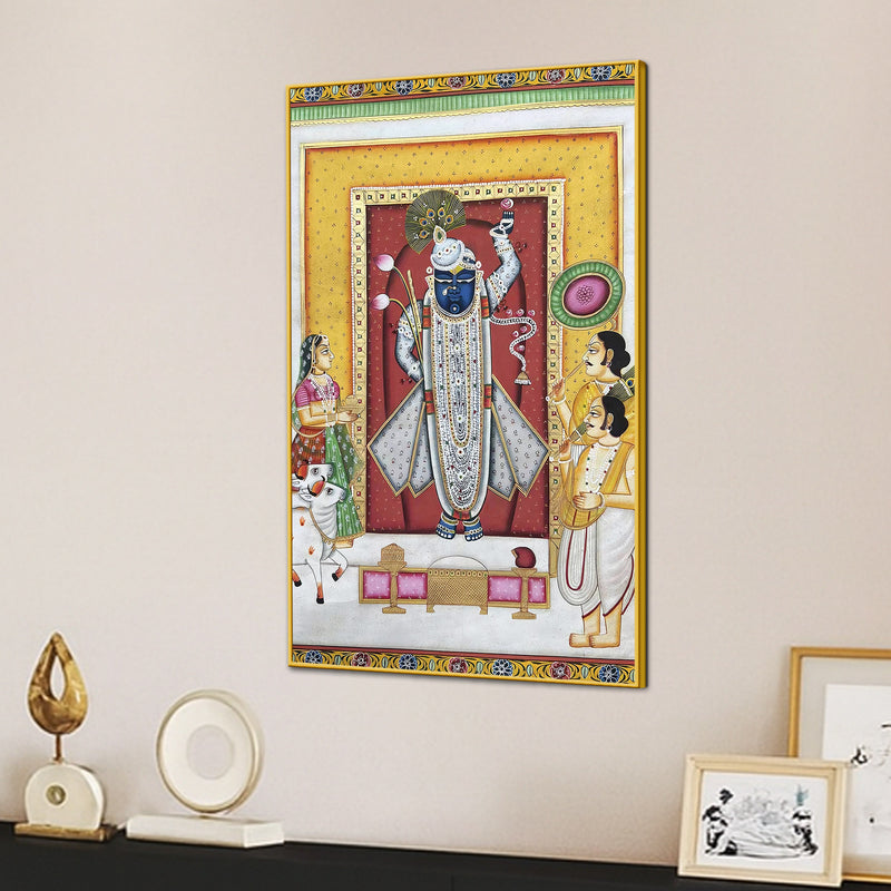 Nathdwara Shrinath Ji Krishna with Devotees and Cow Pichwai Canvas Wall Painting