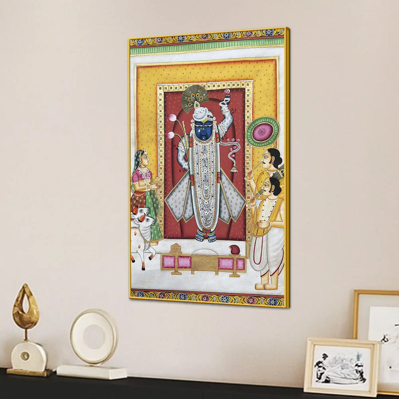 Nathdwara Shrinath Ji Krishna with Devotees and Cow Pichwai Canvas Wall Painting