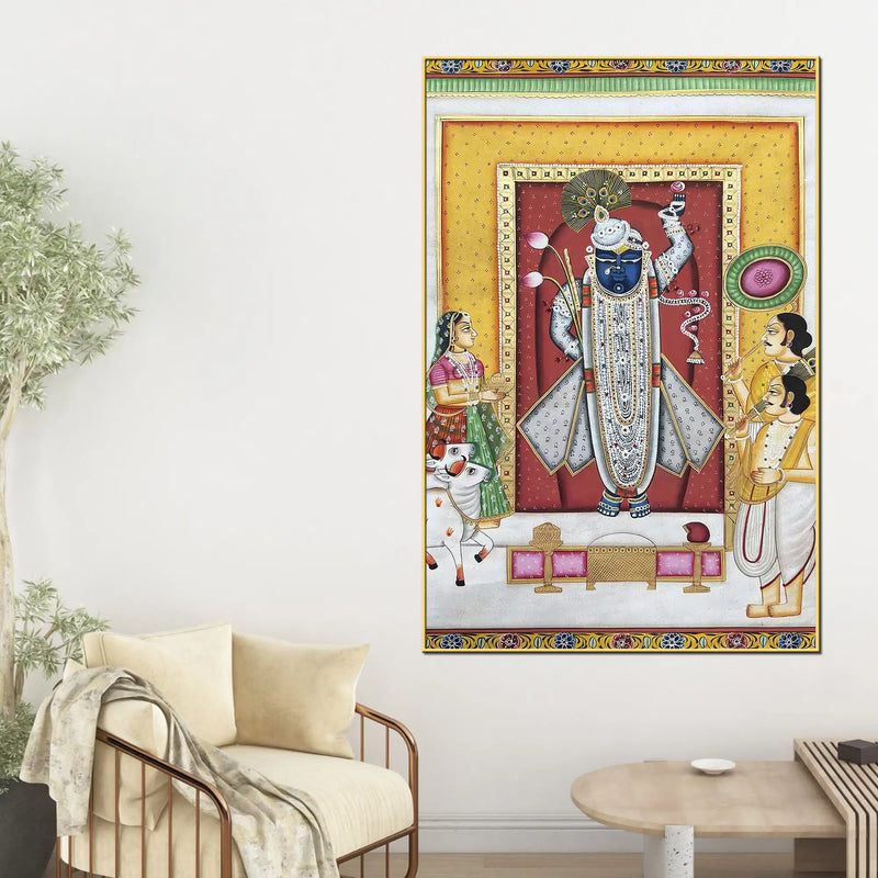 Nathdwara Shrinath Ji Krishna with Devotees and Cow Pichwai Canvas Wall Painting