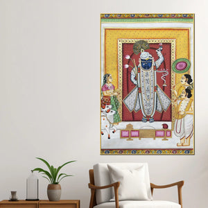 Nathdwara Shrinath Ji Krishna with Devotees and Cow Pichwai Canvas Wall Painting