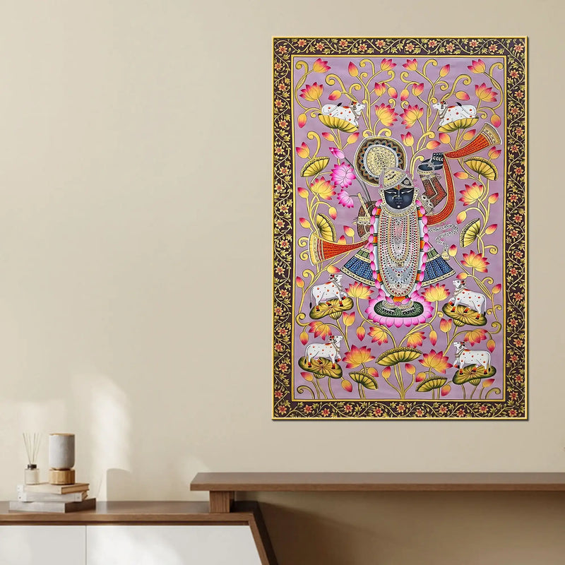 Nathdwara Shrinathji Lotus Tree Pichwai Canvas Wall Painting