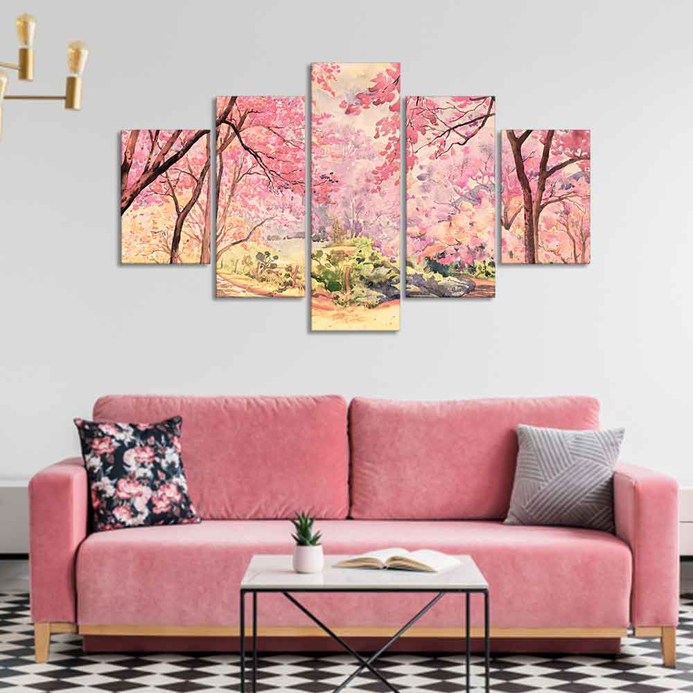 Nature Forest Pink Flower Wall Painting of Five Pieces