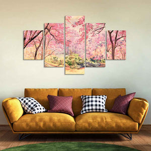 Nature Forest Pink Flower Wall Painting of Five Pieces