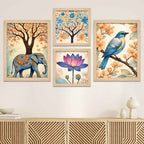 Nature Harmony Elephant, Lotus & Bird Wall Frame Set of Four