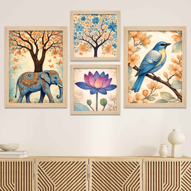 Nature Harmony Elephant, Lotus & Bird Wall Frame Set of Four