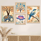 Nature Harmony Elephant, Lotus & Bird Wall Frame Set of Four