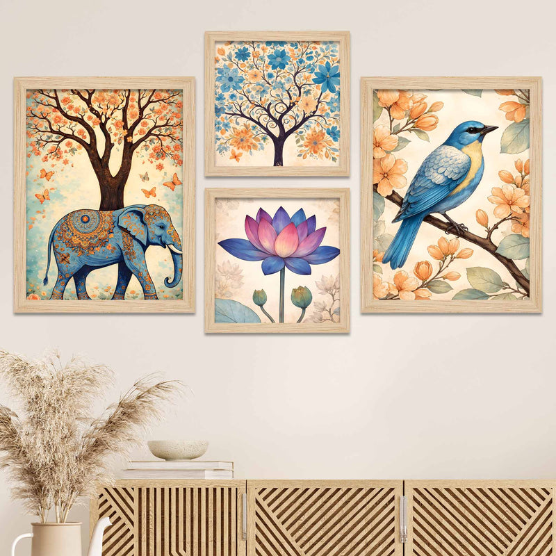 Nature Harmony Elephant, Lotus & Bird Wall Frame Set of Four