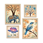 Nature Harmony Elephant, Lotus & Bird Wall Frame Set of Four