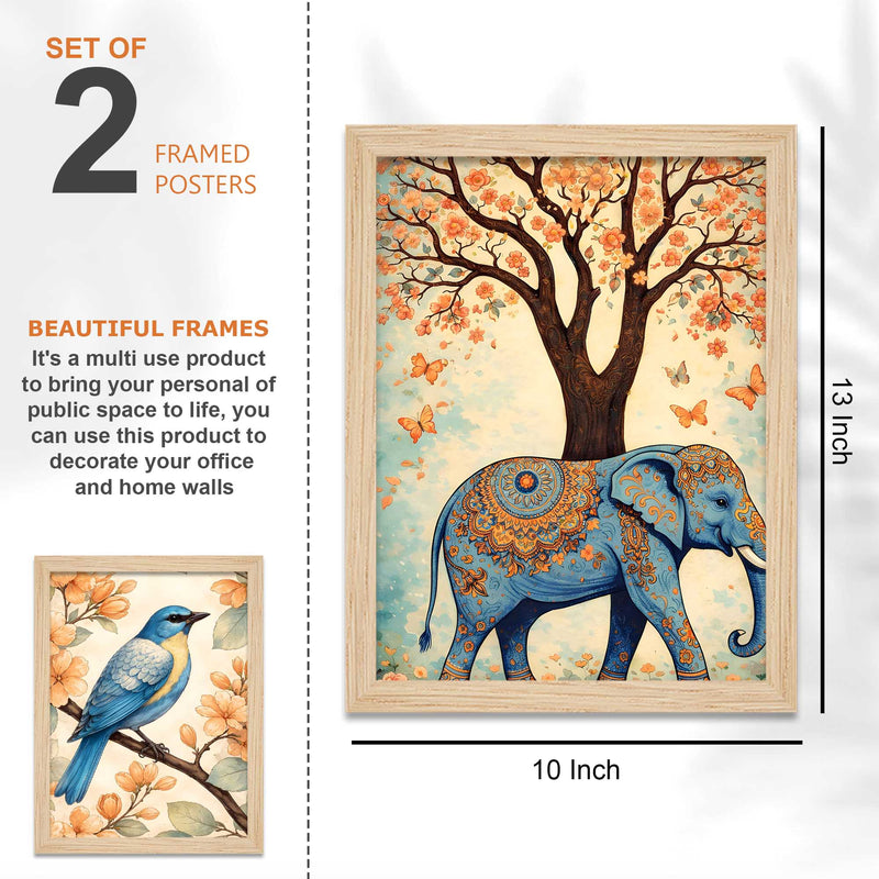 Nature Harmony Elephant, Lotus & Bird Wall Frame Set of Four