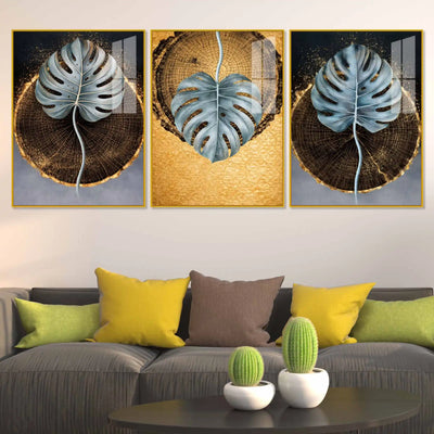 Nature in Gold Acrylic Floating Frame Wall Painting Set of 3