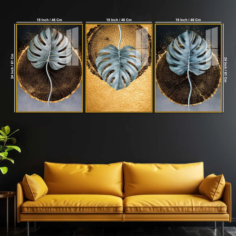 Nature in Gold Acrylic Floating Frame Wall Painting Set of 3