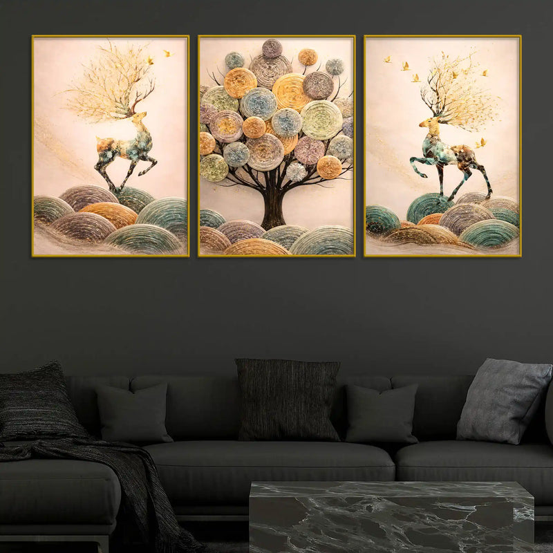nature-inspired-deer-on-hills-giant-tree-floating-frame-crystal-wall-painting-set-of-3