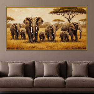 Nature Inspired Elephant Family Floating Frame Crystal Wall Painting
