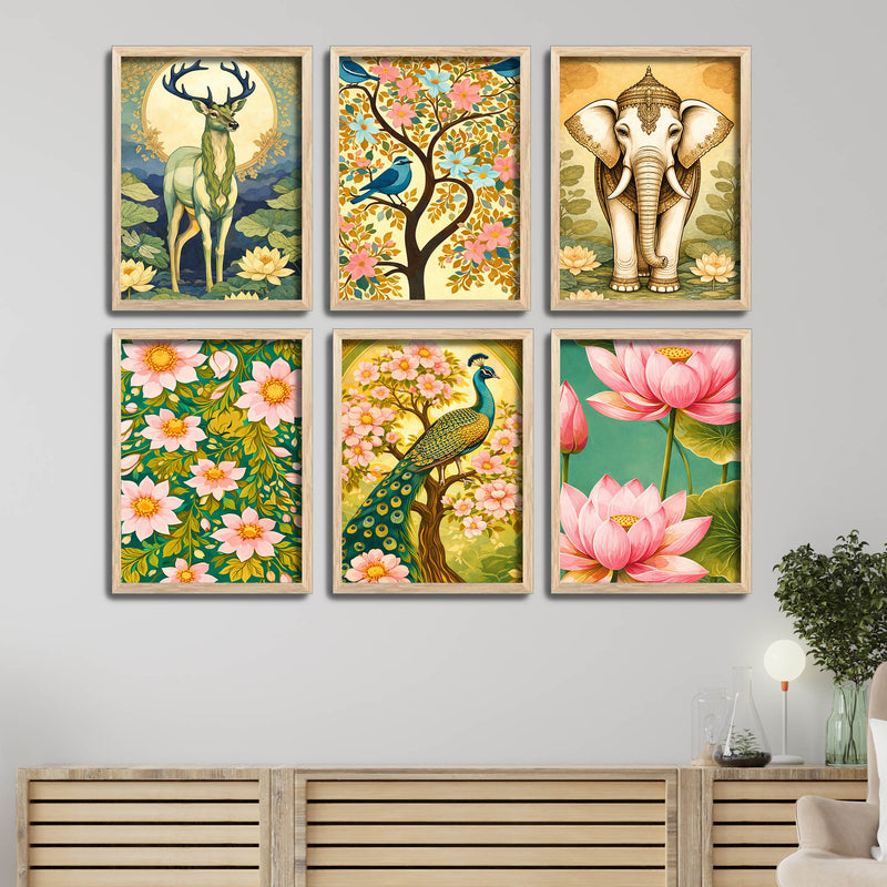 Nature Inspired Flower & Wildlife Wall Frame Set of Six