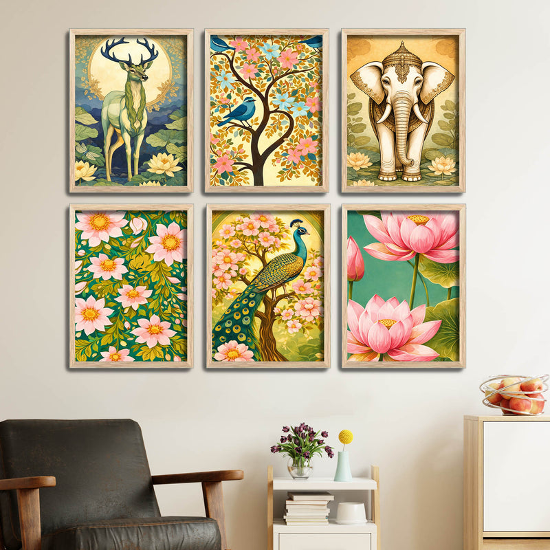 Nature Inspired Flower & Wildlife Wall Frame Set of Six