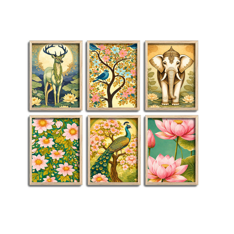 Nature Inspired Flower & Wildlife Wall Frame Set of Six