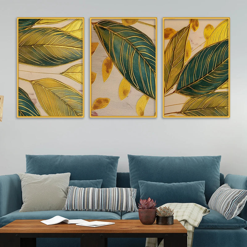 Nature Inspired Leaf Canvas Wall Painting Set of Three