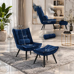 Navy Blue Plush Velvet Accent Chair With Footrest & Cushion