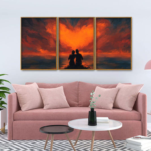 Couple Sitting Under Heart Shaped Clouds Premium Floating Canvas Wall Painting Set of Three