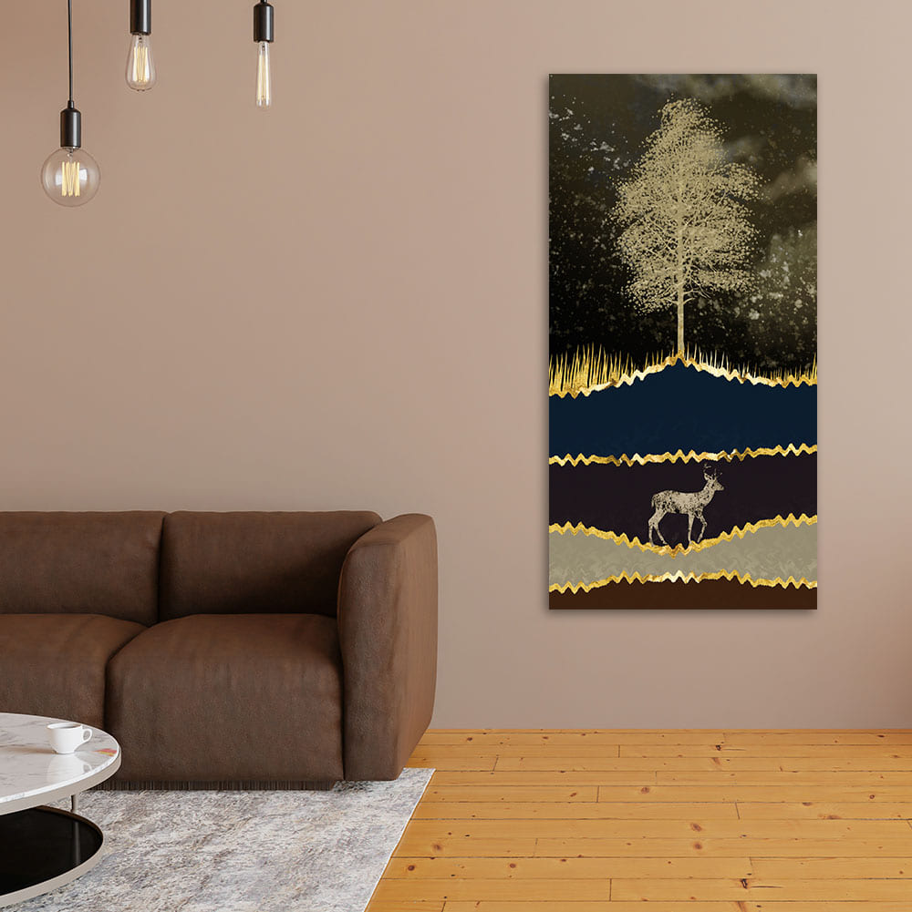 Night Landscape with Blue and golden Deer Premium Canvas Wall Painting