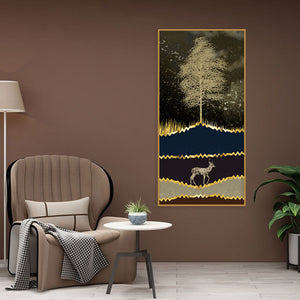 Night Landscape with Blue and golden Deer Premium Canvas Wall Painting