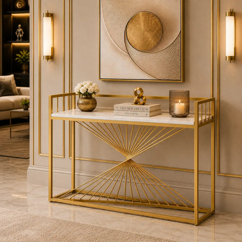 Nordic Premium Golden Artistic Metal Finish Console Table