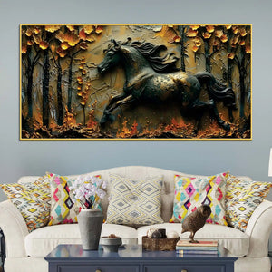 Obsidian Stallion in Golden Forest 3D Canvas Wall Painting