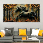 Obsidian Stallion in Golden Forest 3D Canvas Wall Painting