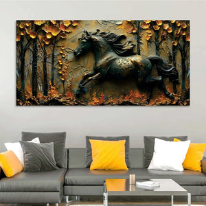 Obsidian Stallion in Golden Forest 3D Canvas Wall Painting