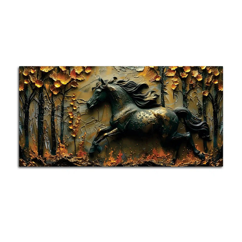Obsidian Stallion in Golden Forest 3D Canvas Wall Painting