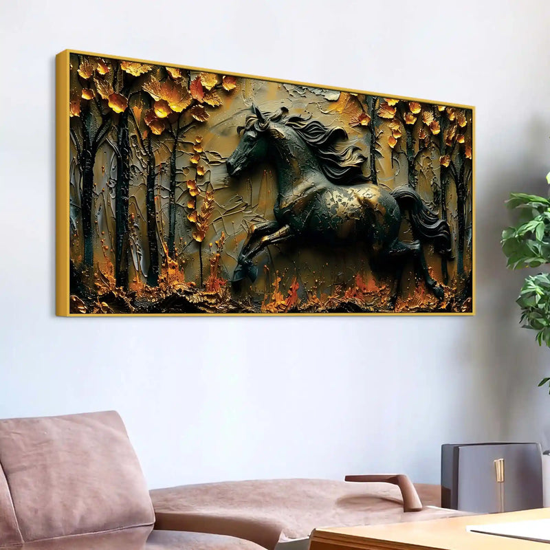 Obsidian Stallion in Golden Forest 3D Canvas Wall Painting