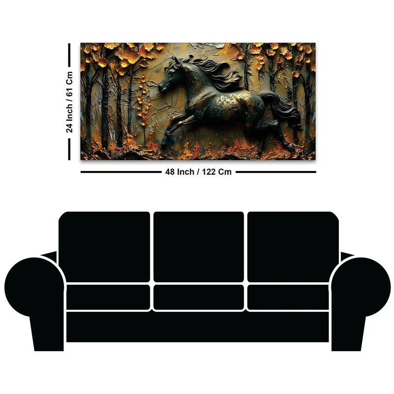 Obsidian Stallion in Golden Forest 3D Canvas Wall Painting