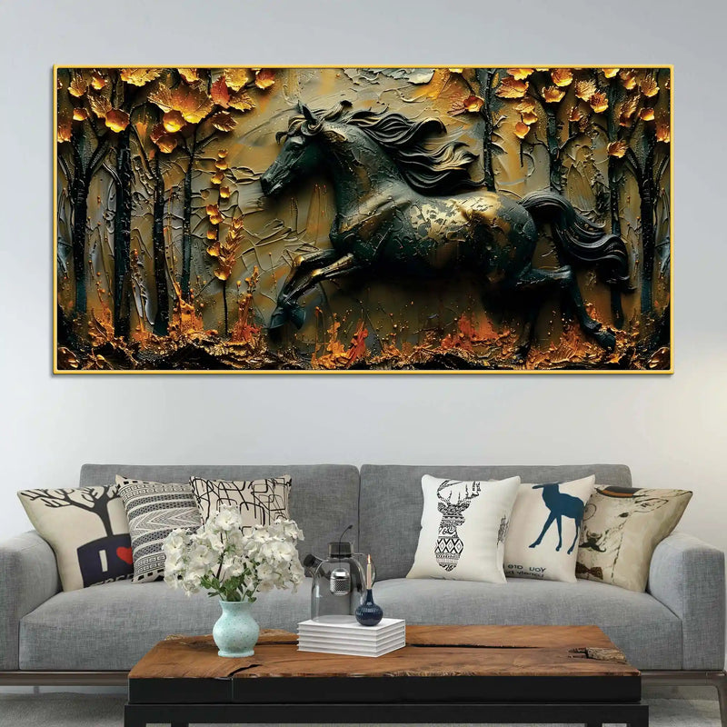 obsidian-stallion-in-golden-forest-3d-textured-type-canvas-wall-painting