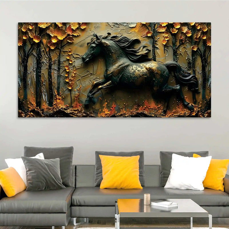 Obsidian Stallion in Golden Forest 3D Textured Type Canvas Wall Painting