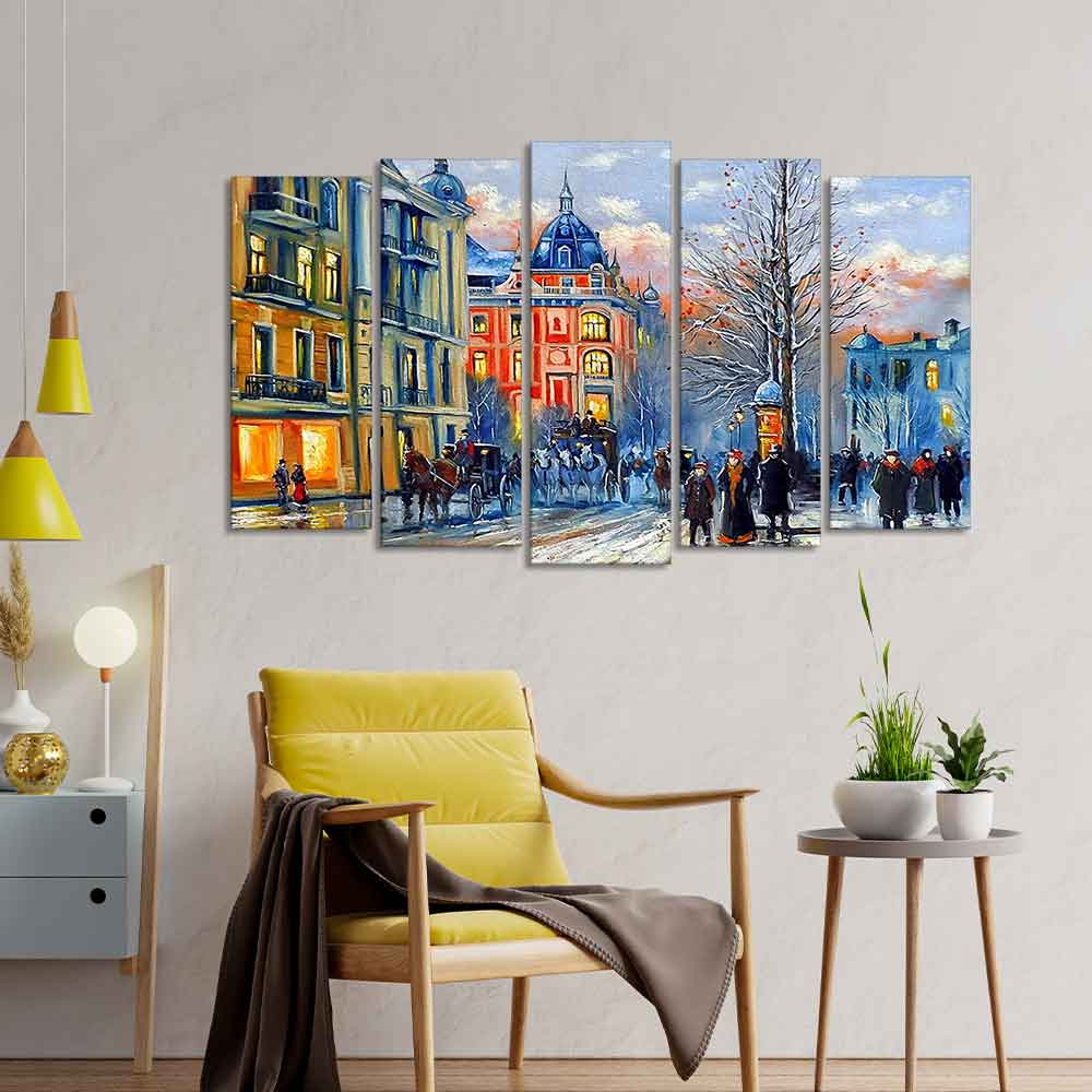 Old City in Winters Canvas Five Pieces Wall Painting of Five Pieces