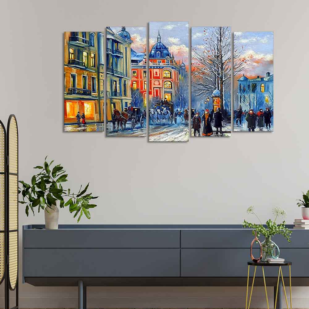 Old City in Winters Canvas Five Pieces Wall Painting of Five Pieces