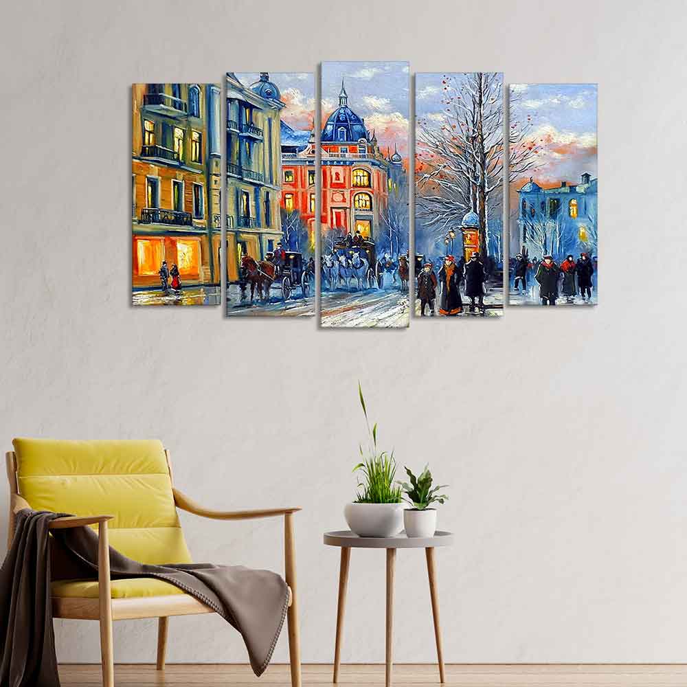 Old City in Winters Canvas Five Pieces Wall Painting of Five Pieces