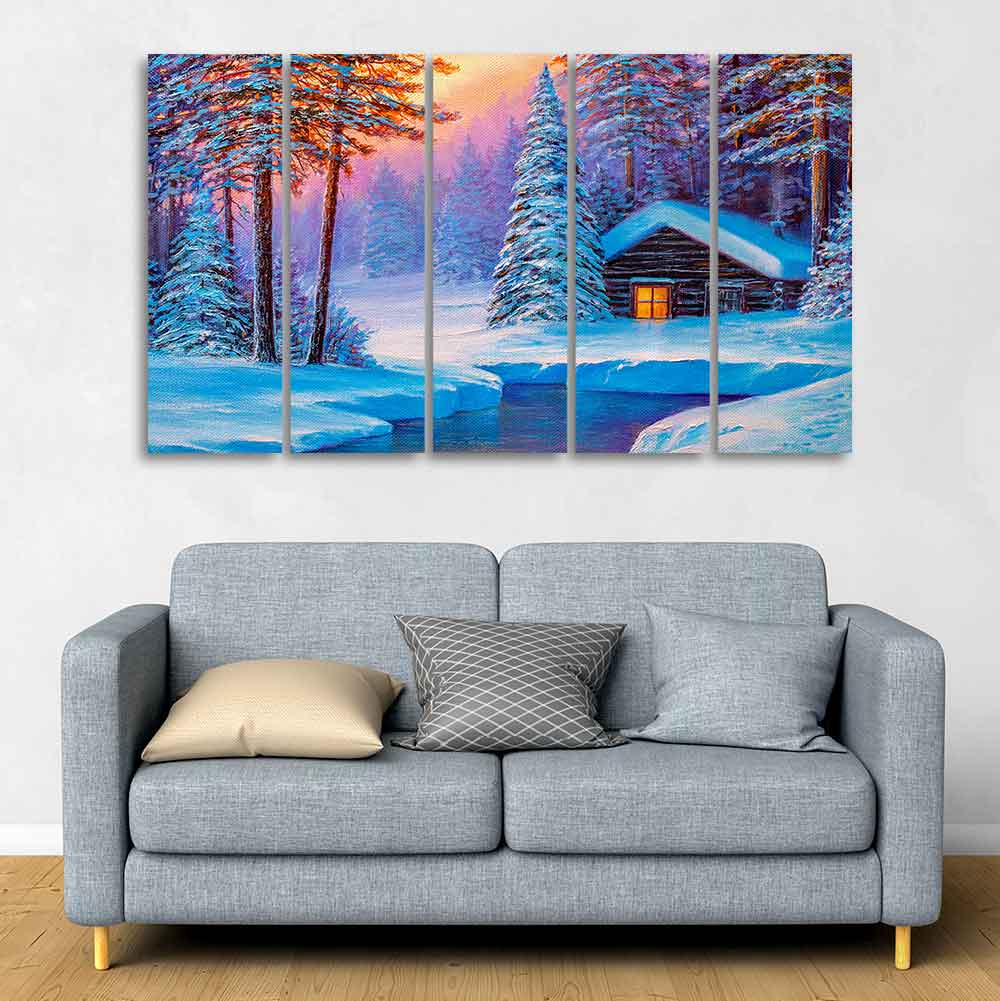 Old Hut in the Winter Forest Canvas Wall Painting of Five Pieces