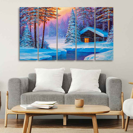 Old Hut in the Winter Forest Canvas Wall Painting of Five Pieces