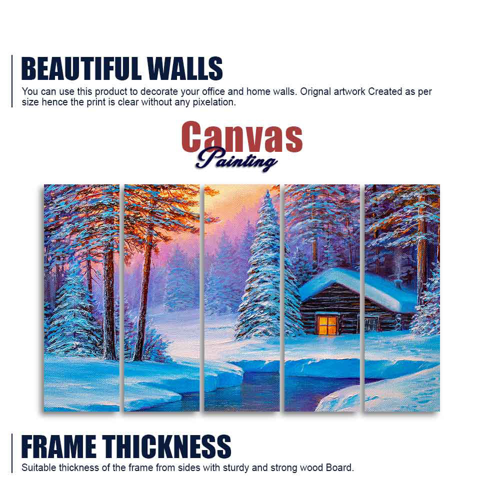 Old Hut in the Winter Forest Canvas Wall Painting of Five Pieces