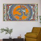 Om Ganesha Madhubani Style Canvas Wall Painting for Spiritual Indian Home Decor