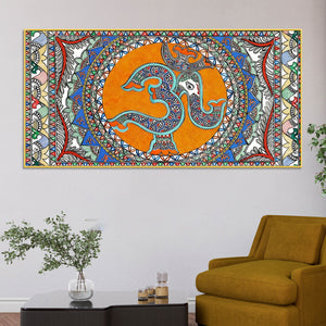 Om Ganesha Madhubani Style Canvas Wall Painting for Spiritual Indian Home Decor