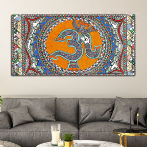 Om Ganesha Madhubani Style Canvas Wall Painting for Spiritual Indian Home Decor