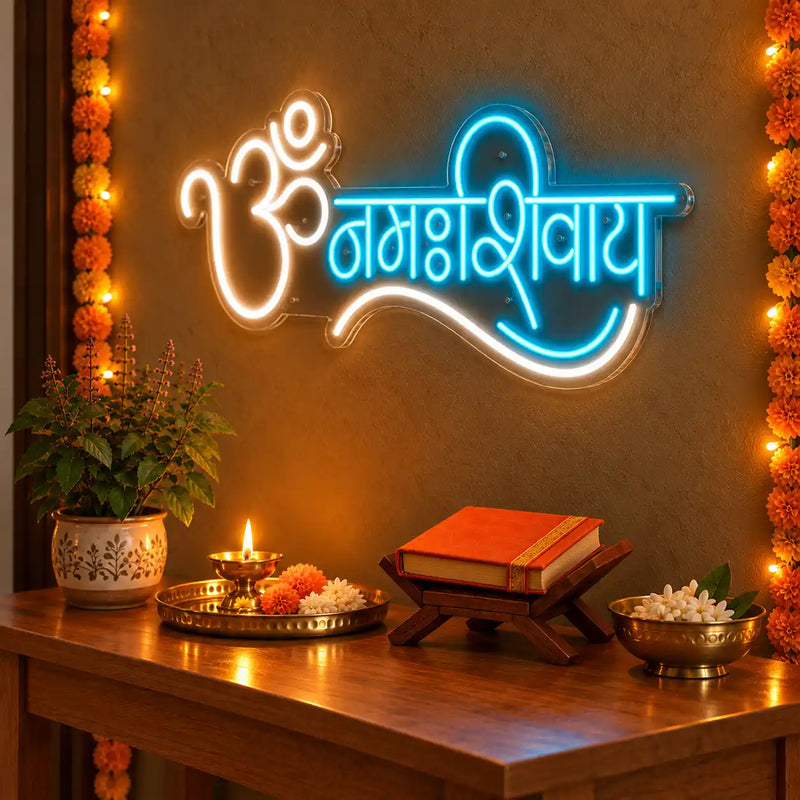 Om Namah Shivaya Blue & White Neon Wall Light for Home, Mandir & Office Decoration
