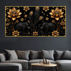 Opulent Black Elephant Duo with Golden Lotus and Peacock Feathers 3D Canvas Wall Painting