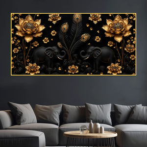 Opulent Black Elephant Duo with Golden Lotus and Peacock Feathers 3D Canvas Wall Painting
