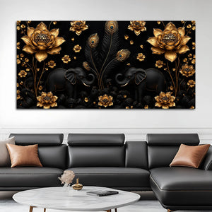 Opulent Black Elephant Duo with Golden Lotus and Peacock Feathers 3D Canvas Wall Painting