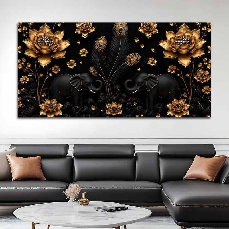 Opulent Black Elephant Duo with Golden Lotus and Peacock Feathers 3D Canvas Wall Painting